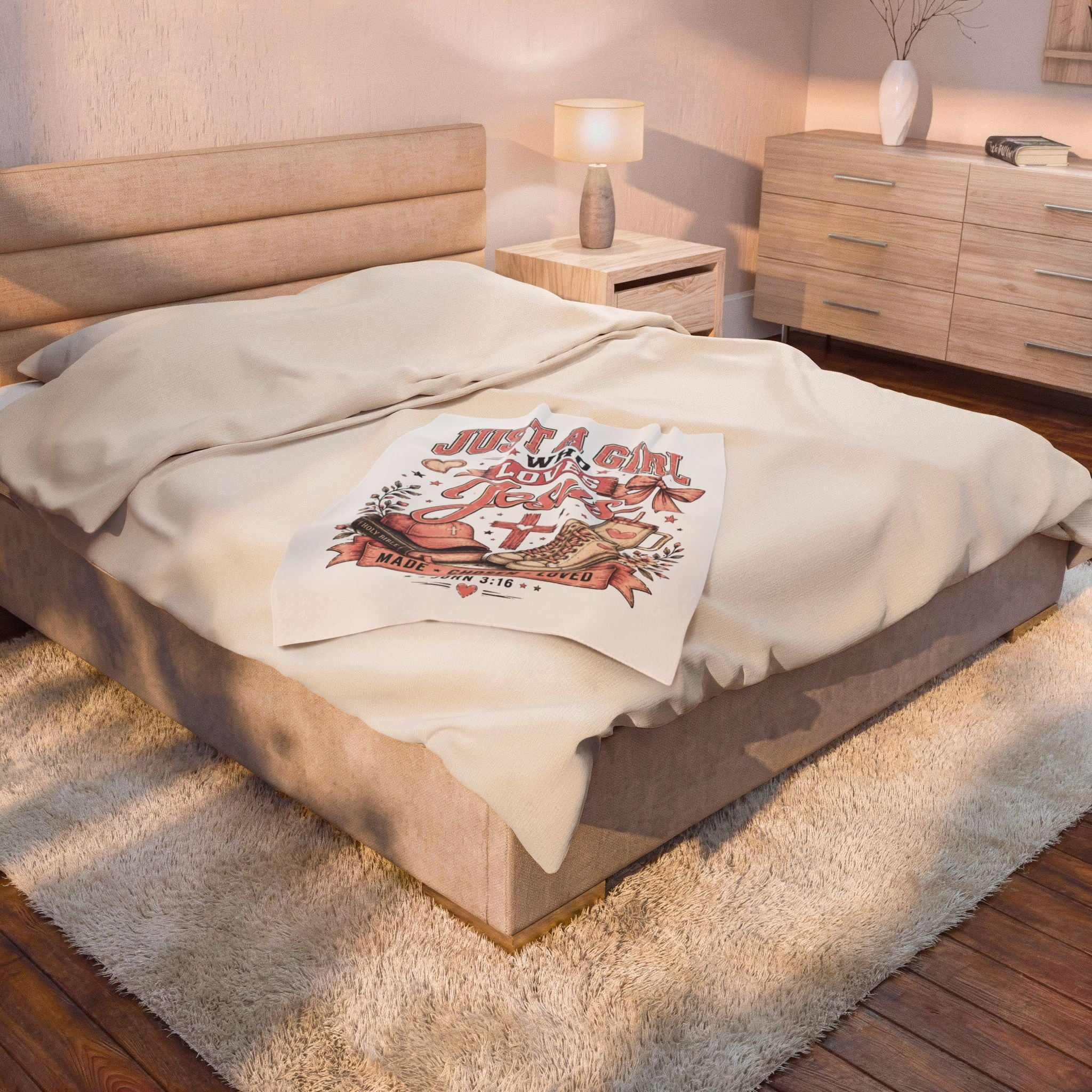 Plush Blanket — "Just a Girl Who Loves Jesus" Christian Velveteen Throw