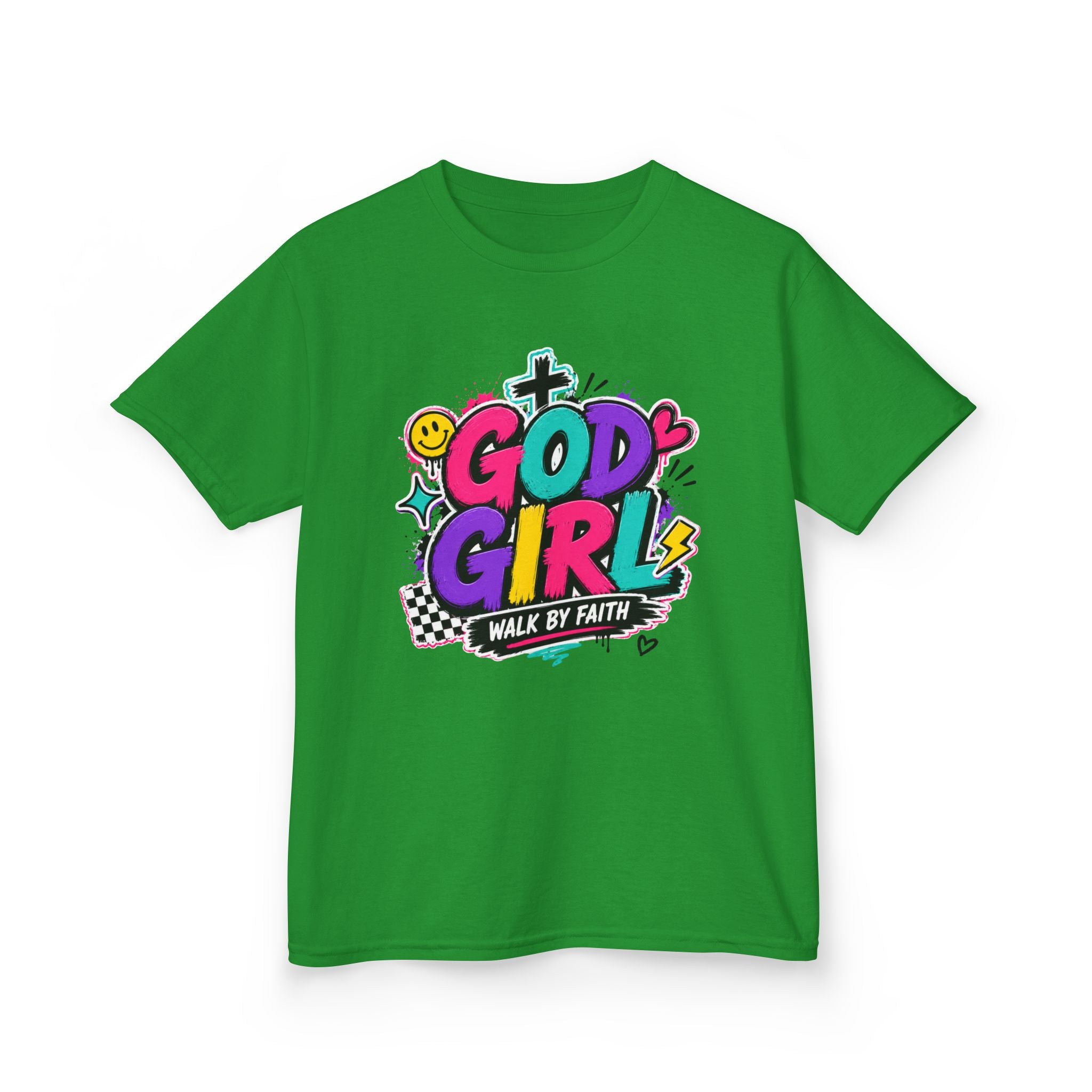 Christian Tee "God Girl" Colorful Faith Graphic, "Walk by Faith" Christian Shirt