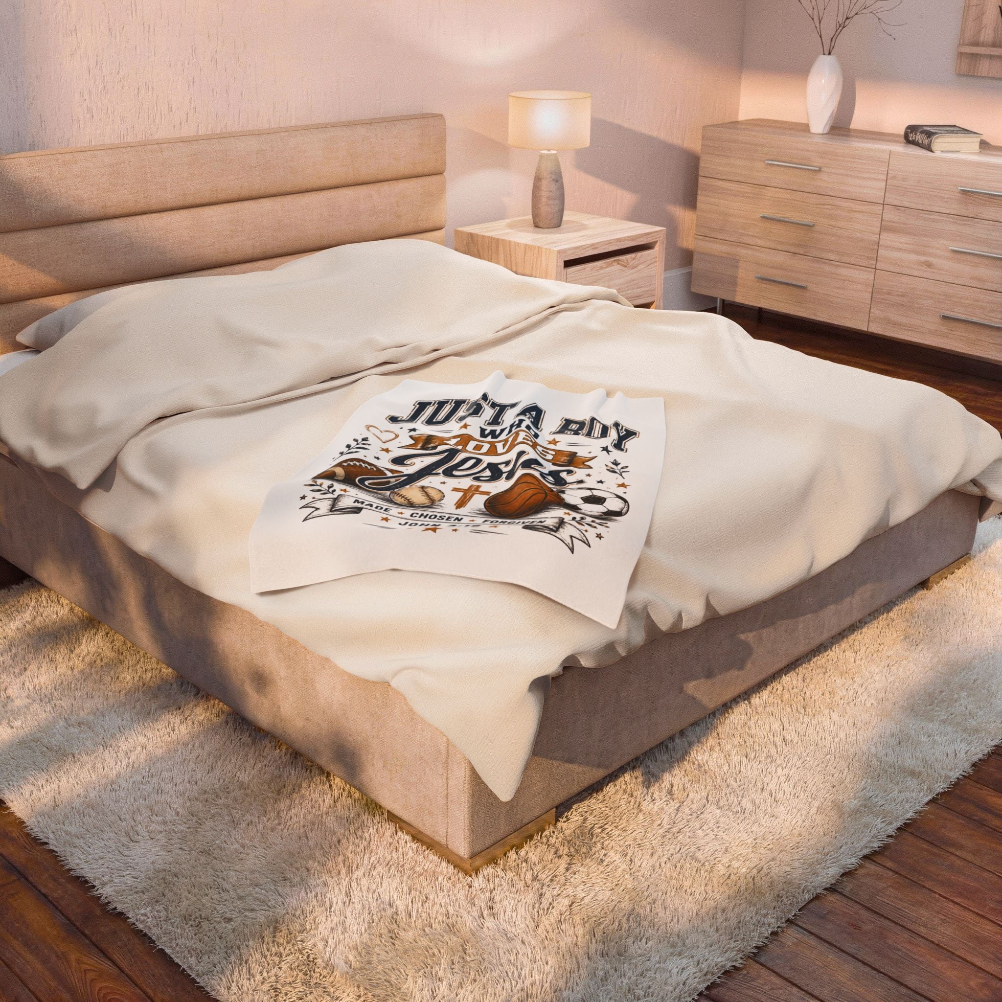 Plush Blanket — "Just a Boy Who Loves Jesus" Sports Faith Throw (John 3:16)