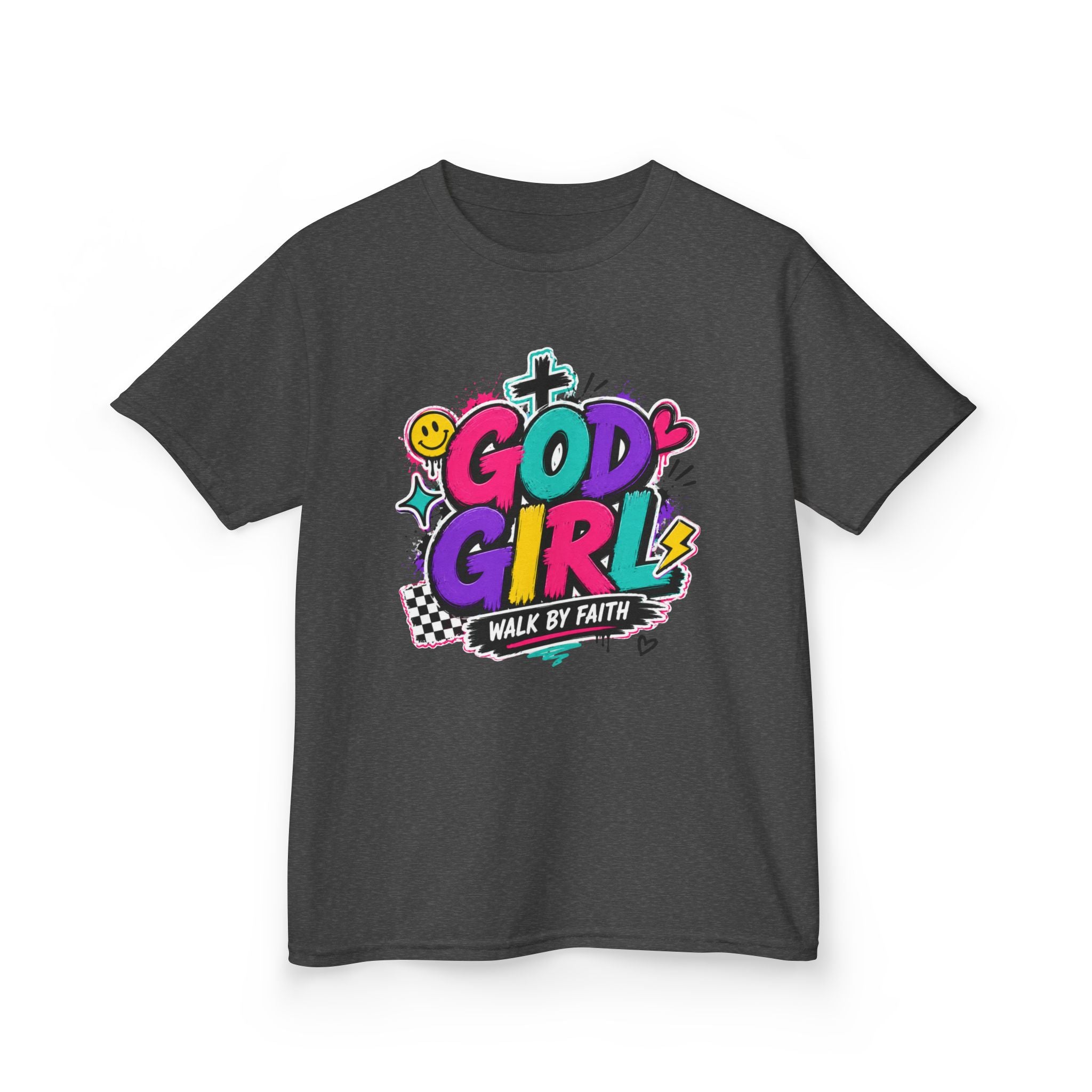 Christian Tee "God Girl" Colorful Faith Graphic, "Walk by Faith" Christian Shirt