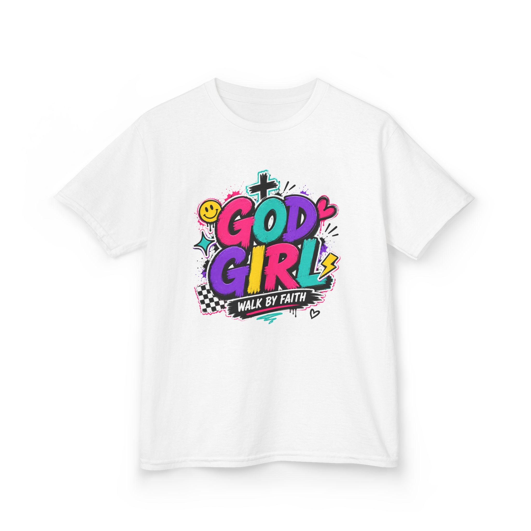 Christian Tee "God Girl" Colorful Faith Graphic, "Walk by Faith" Christian Shirt