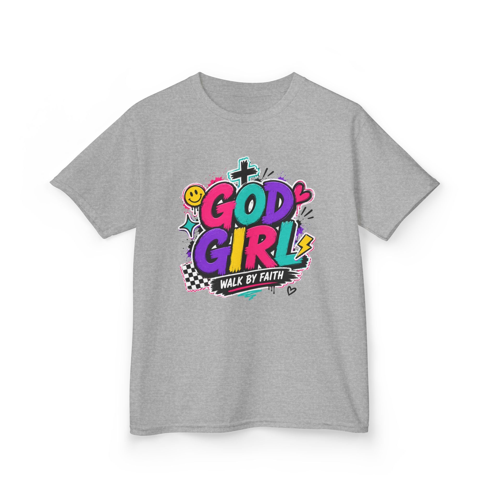 Christian Tee "God Girl" Colorful Faith Graphic, "Walk by Faith" Christian Shirt