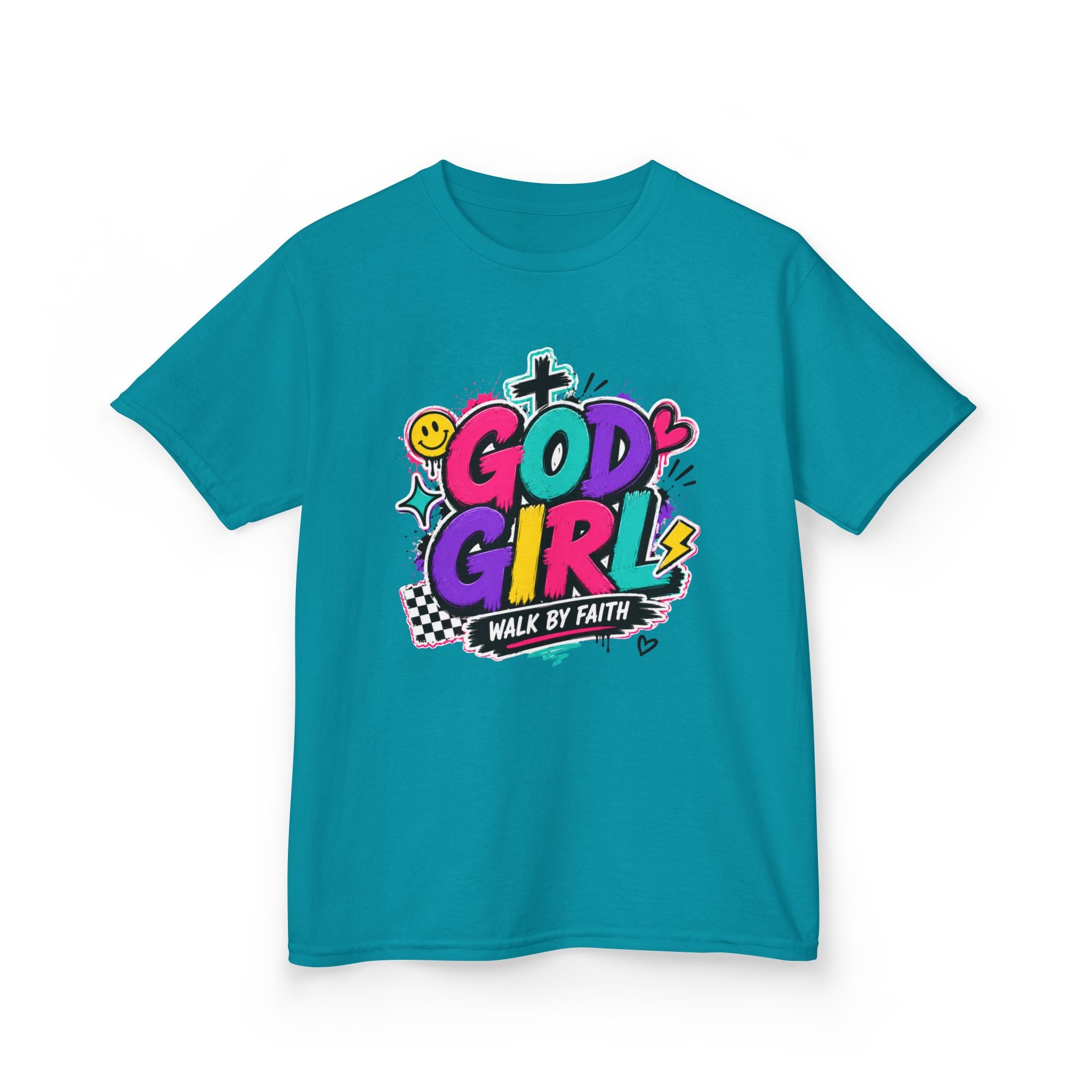 Christian Tee "God Girl" Colorful Faith Graphic, "Walk by Faith" Christian Shirt
