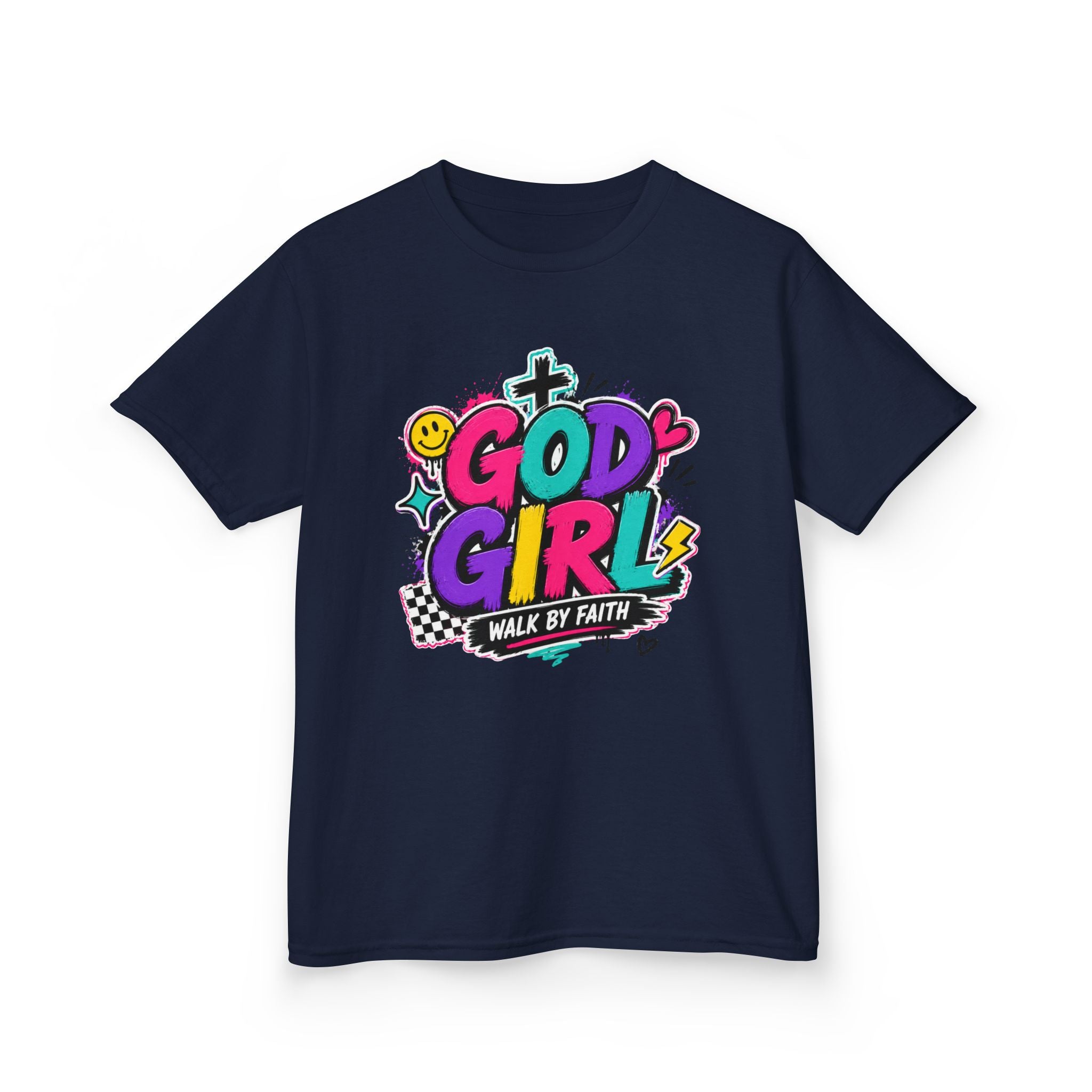 Christian Tee "God Girl" Colorful Faith Graphic, "Walk by Faith" Christian Shirt