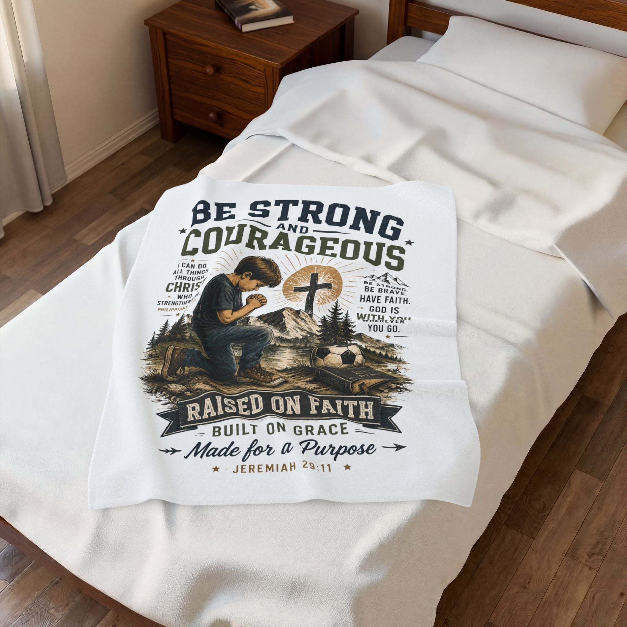 Christian Inspirational Plush Blanket — "Be Strong and Courageous" Raised on Faith Throw