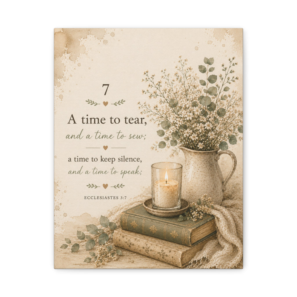 Ecclesiastes 3:7 Canvas Wall Art — Vintage Floral Candle Scripture Print