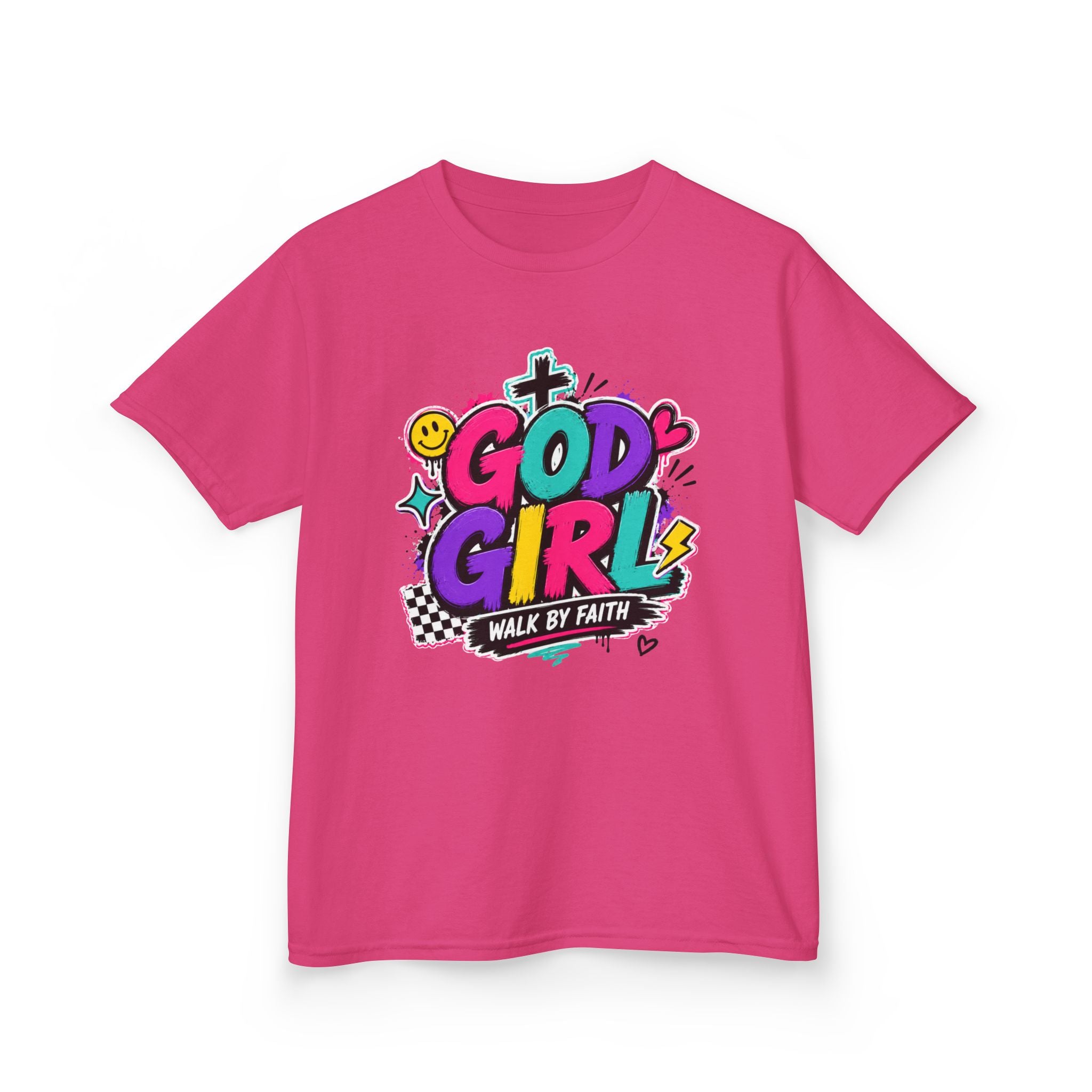 Christian Tee "God Girl" Colorful Faith Graphic, "Walk by Faith" Christian Shirt