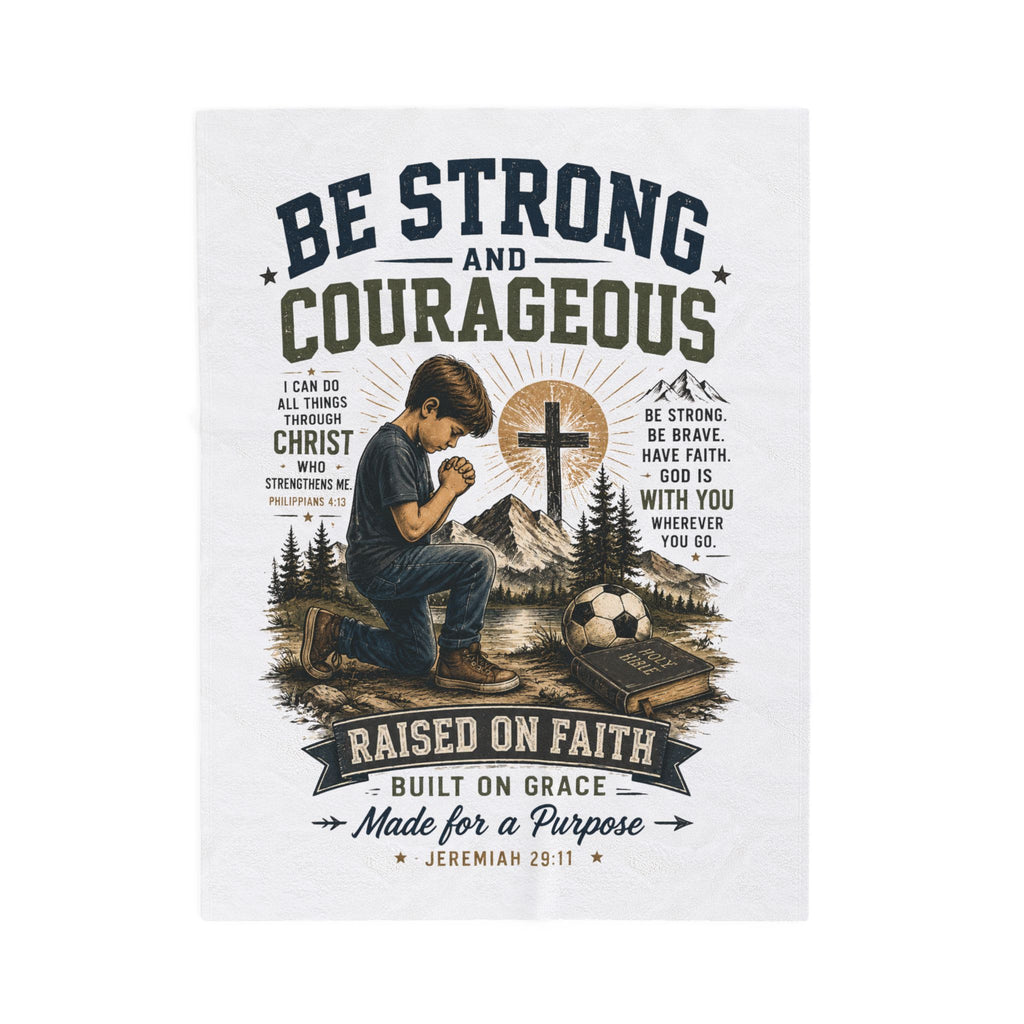 Christian Inspirational Plush Blanket — "Be Strong and Courageous" Raised on Faith Throw