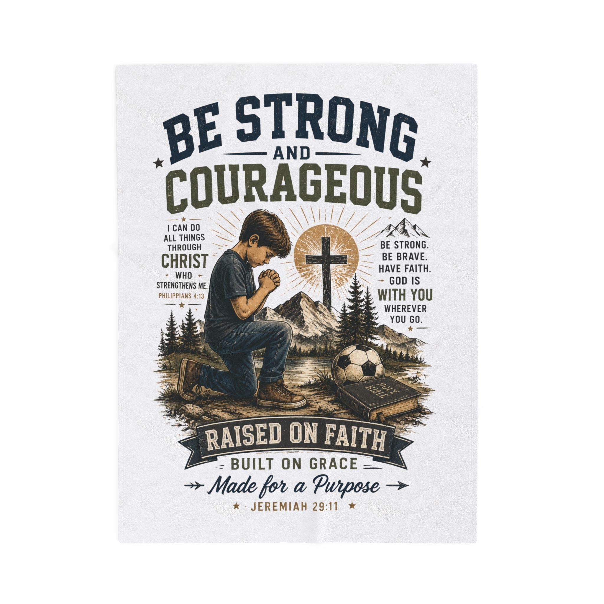 Christian Inspirational Plush Blanket — "Be Strong and Courageous" Raised on Faith Throw