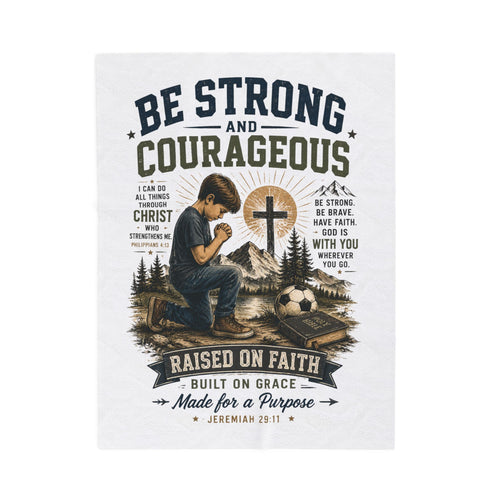 Christian Inspirational Plush Blanket — "Be Strong and Courageous" Raised on Faith Throw