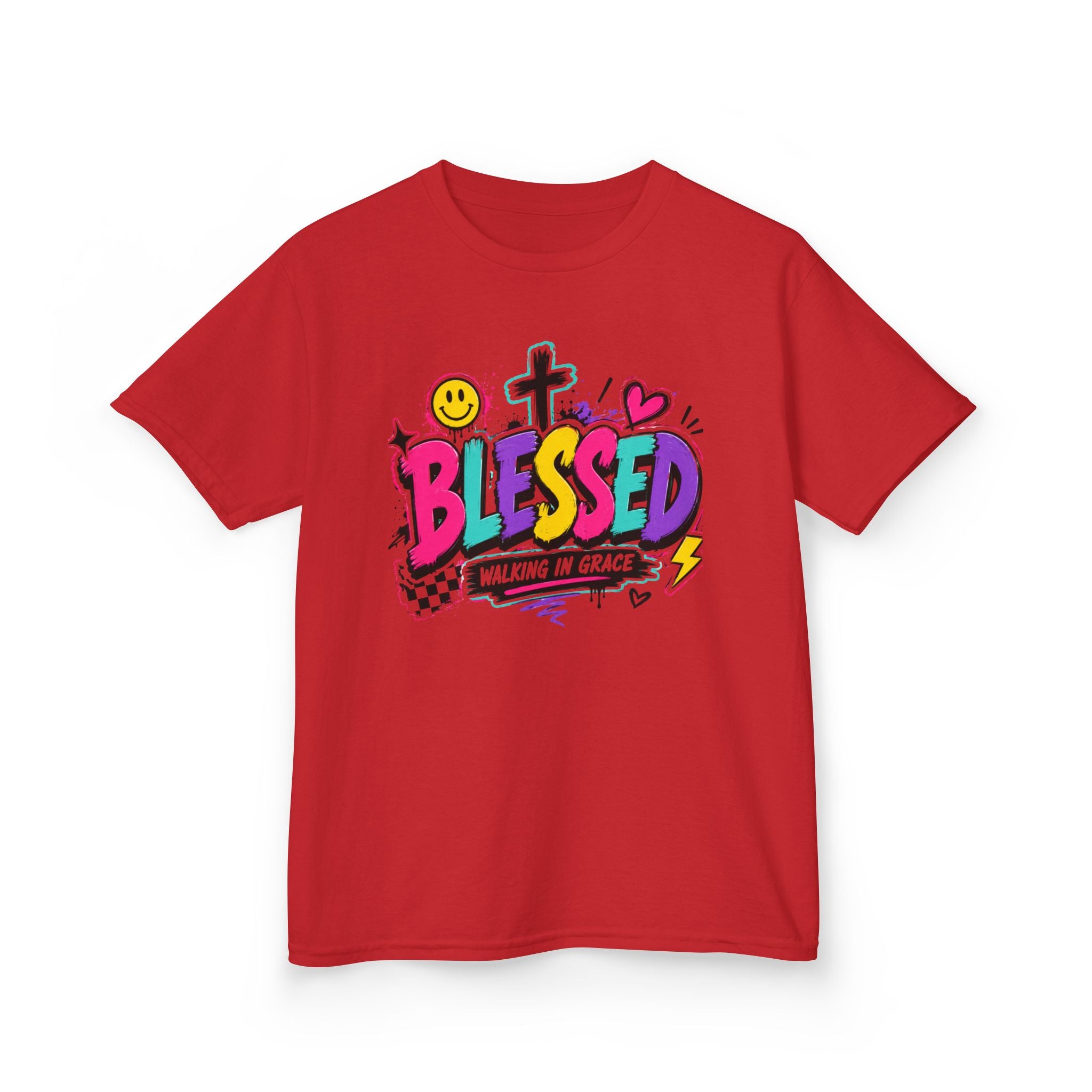 Christian Tee — Colorful "Blessed" Faith Graphic (Walking in Grace)