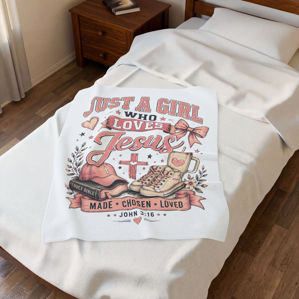Plush Blanket — "Just a Girl Who Loves Jesus" Christian Velveteen Throw