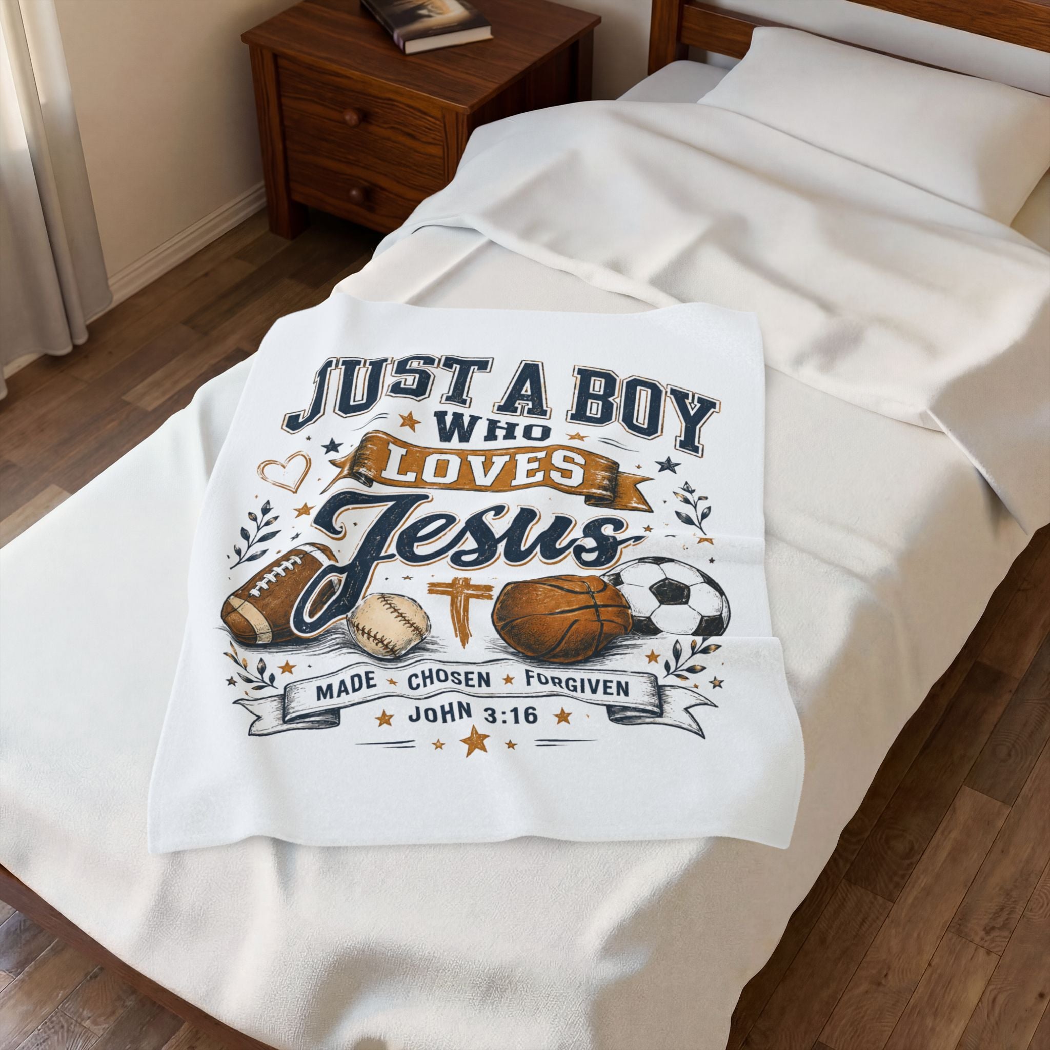 Plush Blanket — "Just a Boy Who Loves Jesus" Sports Faith Throw (John 3:16)