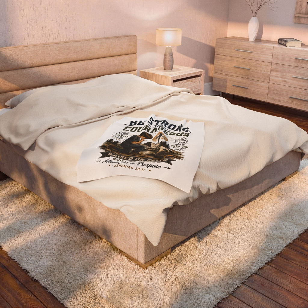 Christian Inspirational Plush Blanket — "Be Strong and Courageous" Raised on Faith Throw