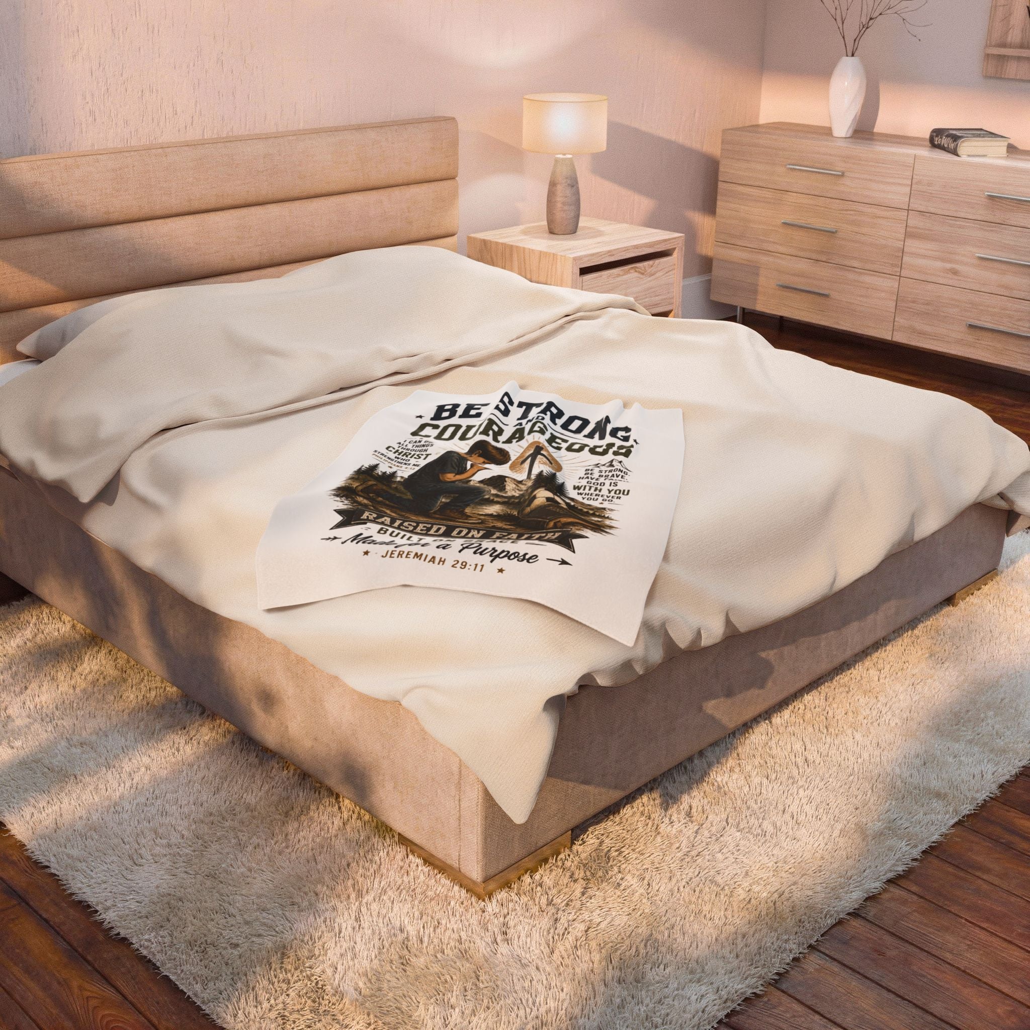 Christian Inspirational Plush Blanket — "Be Strong and Courageous" Raised on Faith Throw